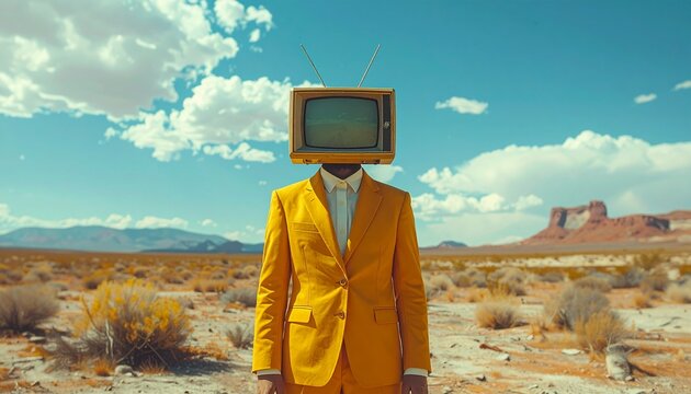 Person in bright yellow suit with retro TV head standing in desert under blue sky with clouds.