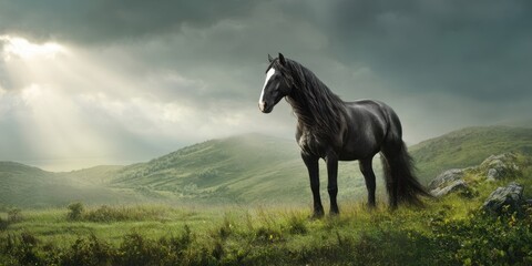 The Black Horse Standing Proud on a Misty Green Hillside at Sunrise