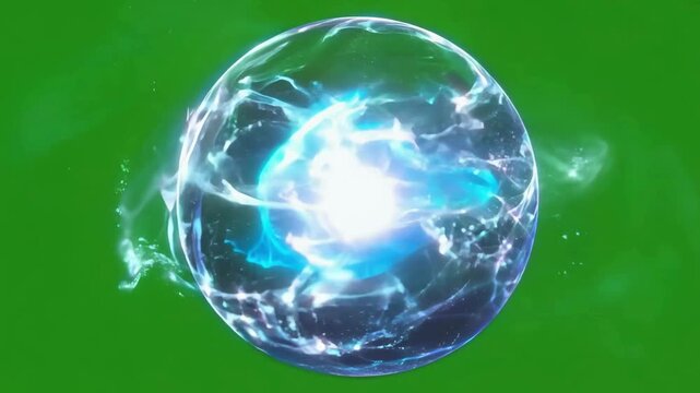 Transparent crystal sphere containing swirling blue and green magic energy on green screen.