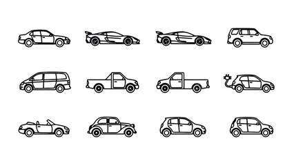 Variety of cars and trucks in simple line art style
