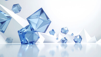 Blue transparent geometric shapes floating on a reflective white surface with abstract background.