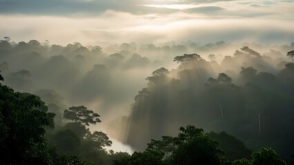 Misty Amazon Rainforest Canopy at Sunrise with Fog Rolling Over Lush Green Trees