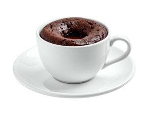 Rich dark chocolate molten lava cake baked in a white cup