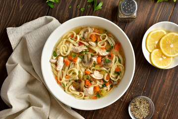 Diet chicken noodle soup with vegetables