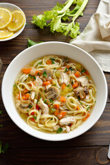 Diet chicken noodle soup with vegetables