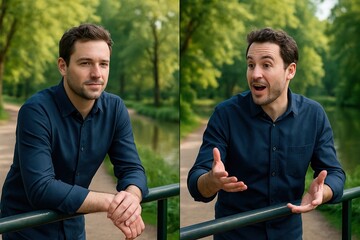 A Professional Portrait Diptych Capturing a Man's Shift from Pensive to Animated Storytelling in a Park by a River