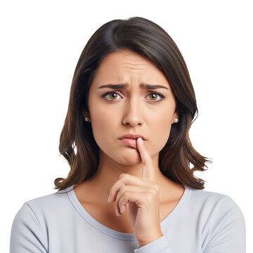 Young woman with her hand under her chin and thumb on her lips, looking worried.