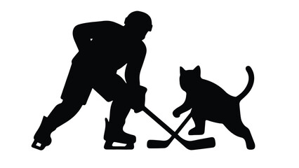 Hockey player and cat playfully compete with crossed sticks