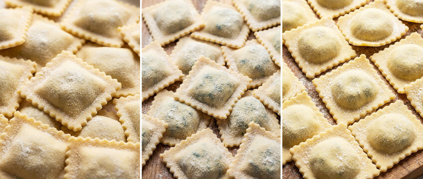 Image divided into three parts showing ravioli pasta. Healthy Eating Day