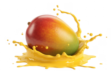 Mango fruit with juice splashing colorful isolated on a transparent background