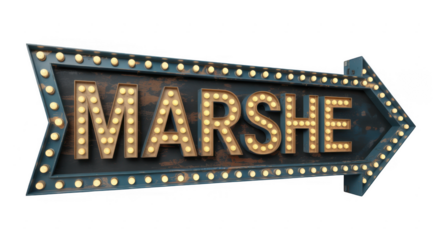 Marquee sign with Marshe text and lights isolated on a transparent background