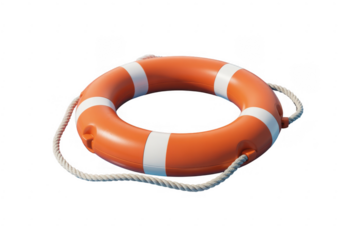 Orange life preserver ring with white stripes and rope life ring rescue buoy isolated on a transparent background