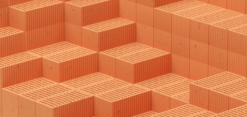 New, unused red brick stones stacked in layers background, construction, building trade or masonry industry concept