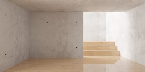 Concrete, empty room with wooden floor and stairs to upper level - industrial interior background template