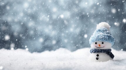 Panoramic View of Happy Snowman in Winter Scenery with Snow-covered Trees and Clear Blue Sky, Ideal for Holiday Greetings and Seasonal Designs with Copy Space for Text