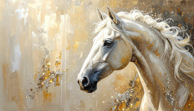 wei&szlig;es Pferd mit Gold- und Glitzereffekten - abstrakter Hintergrund