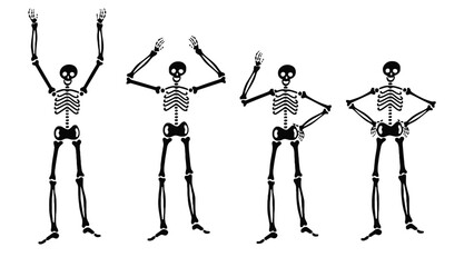 Four skeletons dancing in different poses on white background