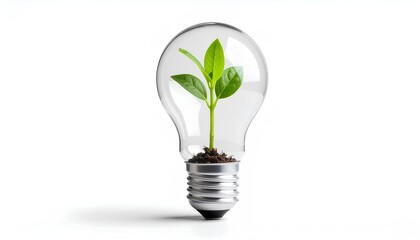 Plant Growing from Light Bulb Base on White Background