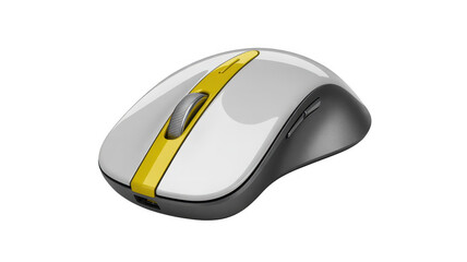 White computer mouse with yellow stripe and scroll wheel isolated on a transparent background