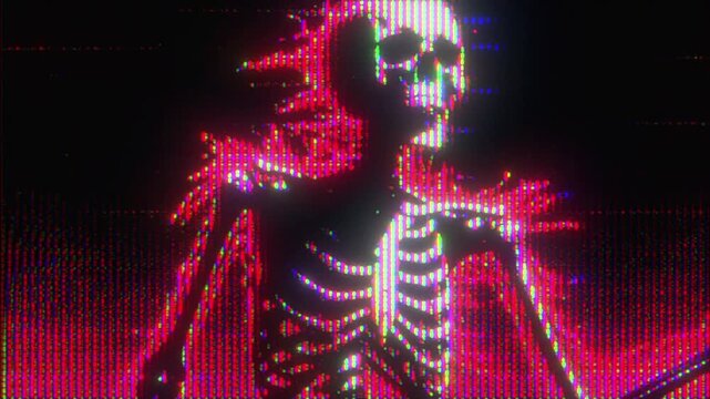 4K Glitch skeleton dance animation, digital humanoid motion overlay, cyber noise distortion, performance visual effect layer for music video graphics