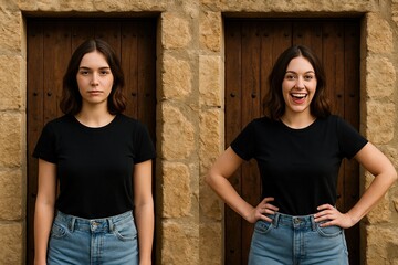 A Professional Portrait Diptych Capturing Contrasting Expressions of a Woman Standing Before Traditional Wooden Doors and Stone Walls