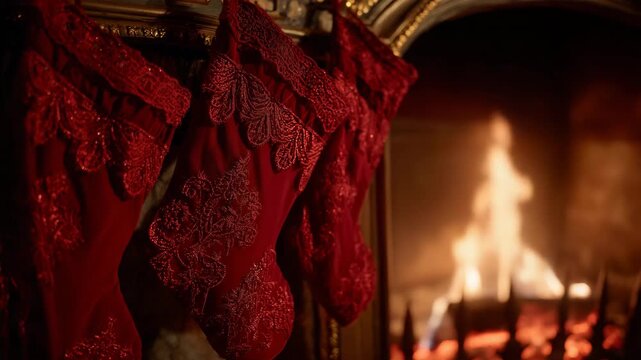 188Side-angle macro of three stockings, rich red texture with embroidered patterns, hanging gracefully above the glowing hearth, shadows creating depth and cozy atmosphere.