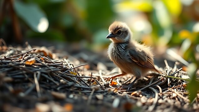 fledgling. A fledgling bird with ruffled feathers on the ground near its nest. wildlife magazines, conservation campaigns, designed for eco-tourism storytelling, used by event planners.