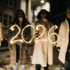 New Year 2026 Numbers made with Glowing Sparklers on Dark Background. stock photo