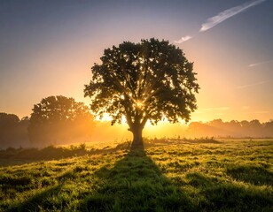 Obraz premium Sunrise Tree Field Tranquil Morning.