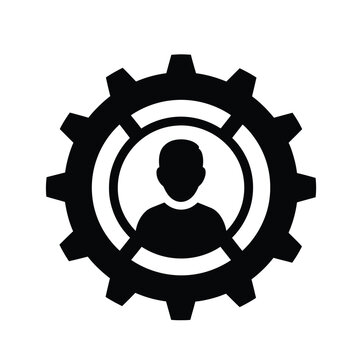 a black and white circular icon depicts a gear design with a human profile silhouette centered within its core high quality professional