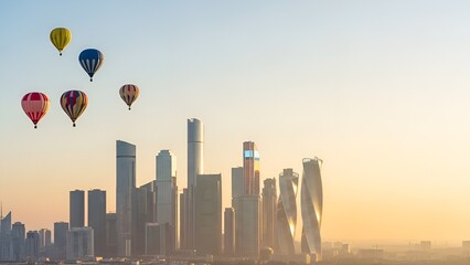 Hot air balloons floating above a modern city skyline at sunset.