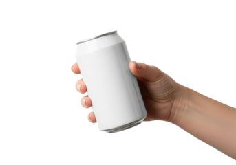 Sleek, blank white matte aluminum beverage can held by a slender caucasian woman's hand with manicured nails. transparent studio background with copy space. concept for beverage advertising mockup