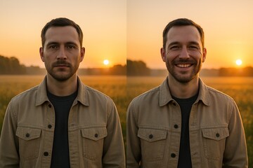A Comparative Portrait Diptych Illustrating a Shift in Expression from Serious to Smiling in a Sunset Field