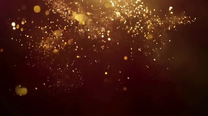 Abstract gold dust and confetti falling slowly. Magical glowing sparkles and bokeh lights overlay on dark background for awards, wedding, or luxury themes. - Powered by Adobe