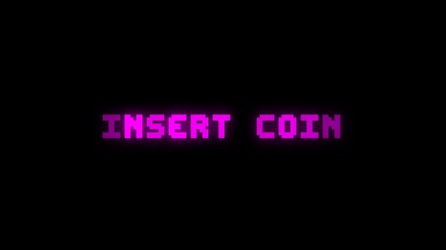 Insert Coin Text Animation with Purple Glow Effect on Black Background, Retro Arcade Game Screen