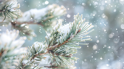 Snow covered pine needles in soft winter sunlight