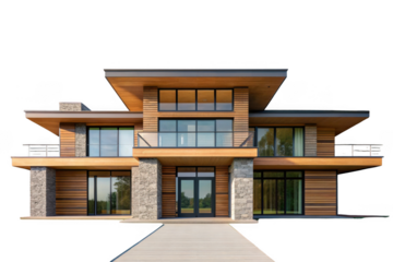 Modern luxury wood and stone house isolated on transparent background
