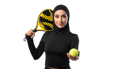 Confident Muslim woman playing padel tennis in black outfit