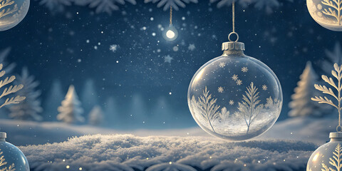 Christmas bauble suspended delicately by a thin silver string, floating against a deep midnight-blue background.