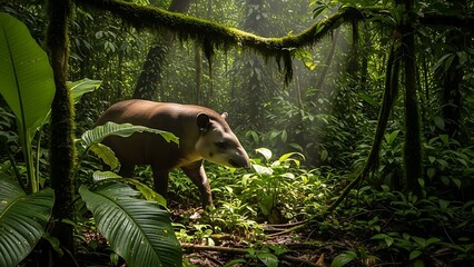 Obraz premium A tapir walks through a lush, sun-dappled rainforest, highlighting the vibrant biodiversity of its natural habitat