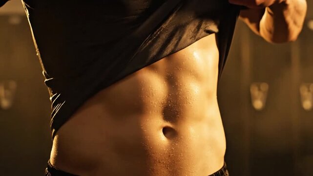 Athletic man lifts wet tshirt revealing toned abdominal muscles fitness