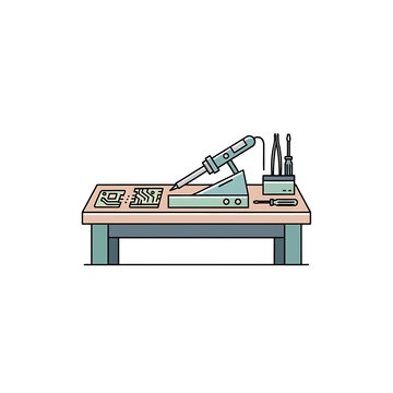 Soldering Iron on Workbench with Electronics Components and Tools