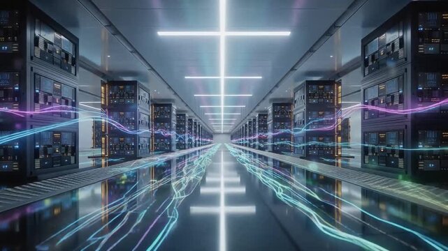 Futuristic data center corridor with glowing digital streams.