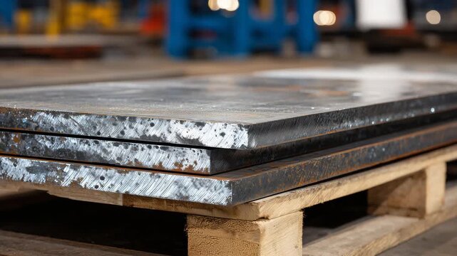 246Close-up of stacked steel plates, sharp edges aligned on sturdy wooden pallets, metallic surfaces reflecting industrial lighting, emphasizing weight, precision, and raw material te