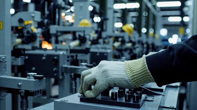 factory assembly line with workers in helmets operating machinery, sparks flying, motion blur effect showing fast-paced activity