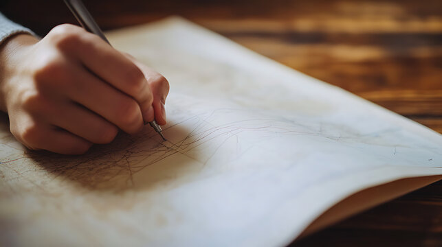 Close-up shot capturing the creation of a detailed map on parchment, with a focus on the hand meticulously using a technical drawing pen to trace precise lines. A moment of cartographic artistry.