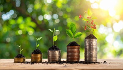 Concept of Financial Growth and Investment Success with Green Sprouts Growing from Stacks of Gold and Silver Coins on a Wooden Surface