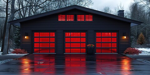 Modern black garage with red glowing windows at dusk