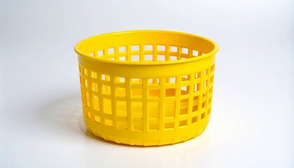 Bright Yellow Round Plastic Laundry or Storage Basket with Perforated Mesh Design Isolated on White Background