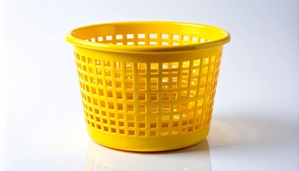 Bright Yellow Round Plastic Laundry or Storage Basket with Perforated Mesh Design Isolated on White Background